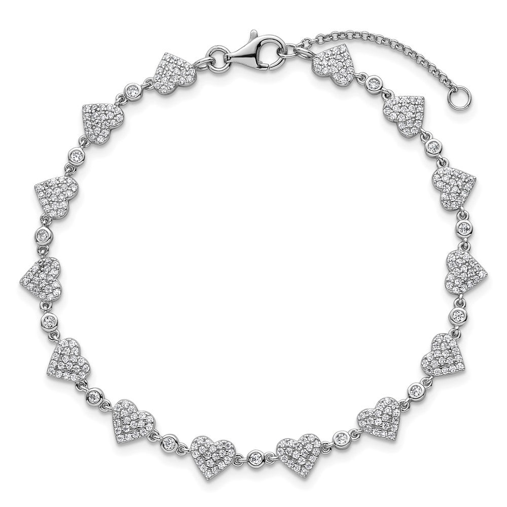 Exclusive Polished Pave CZ Heart Bracelet - 7" Rhodium-Plated Silver, Stylish Value