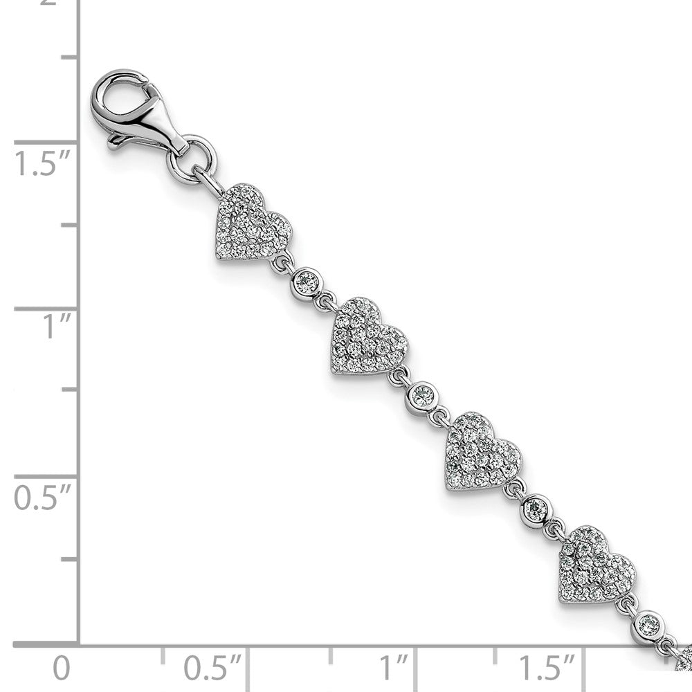 Exclusive Polished Pave CZ Heart Bracelet - 7" Rhodium-Plated Silver, Stylish Value