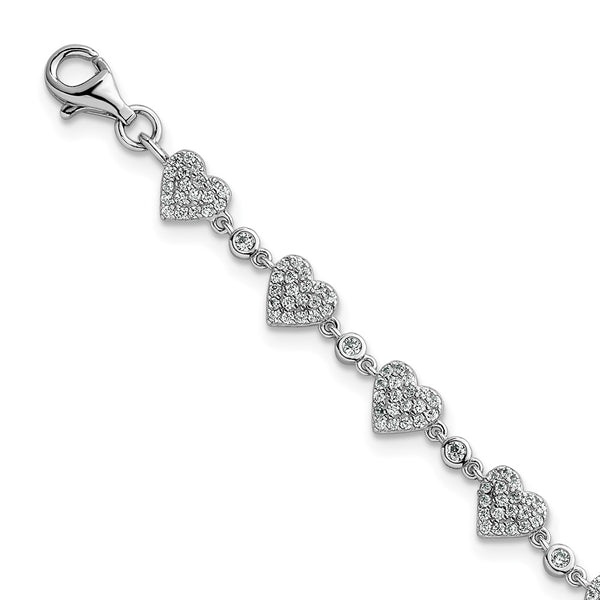 Polished Pave CZ Heart Bracelet - 7" Rhodium-Plated Silver