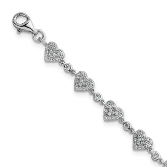 Exclusive Polished Pave CZ Heart Bracelet - 7" Rhodium-Plated Silver, Stylish Value