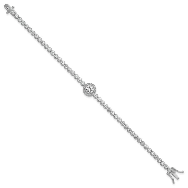 Polished Round CZ Halo Bracelet - 7.25" Rhodium-Plated Silver