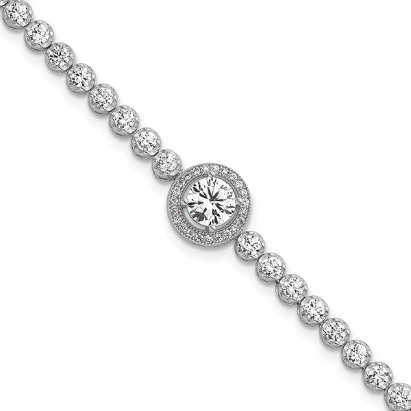 Polished Round CZ Halo Bracelet - 7.25" Rhodium-Plated Silver