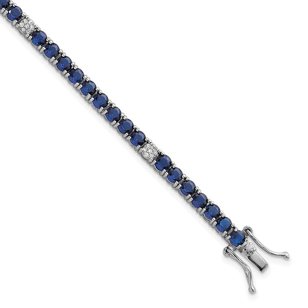 7-Inch Polished Round Blue & White CZ Bracelet in Rhodium-Plated Silver