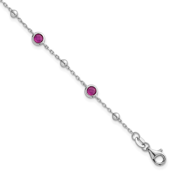 7-Inch Polished Sterling Silver Red CZ Bracelet - Rhodium-Plated