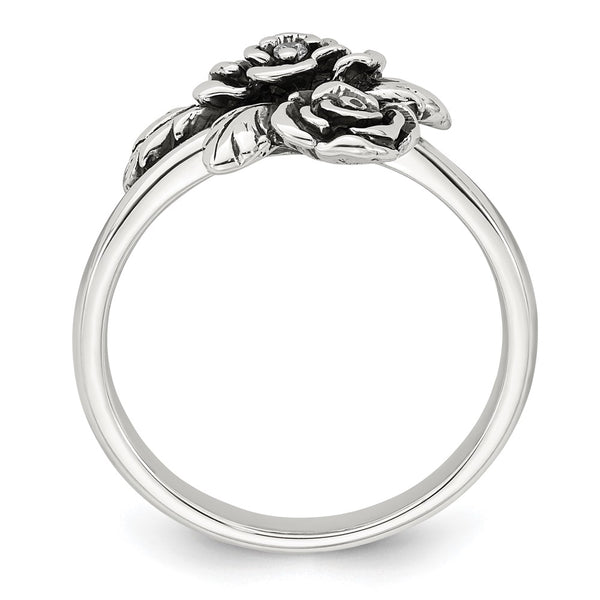 Antiqued Polished Sterling Silver CZ Floral Ring