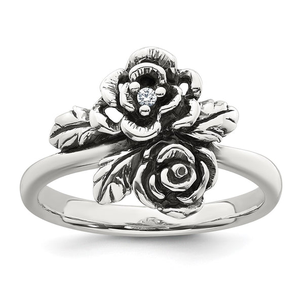 Antiqued Polished Sterling Silver CZ Floral Ring