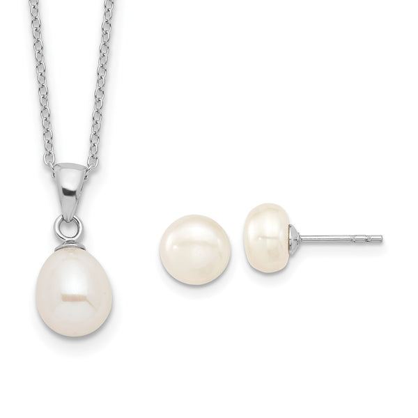 17-Inch Sterling Silver Necklace & Earrings Set with 7-8mm Pearls