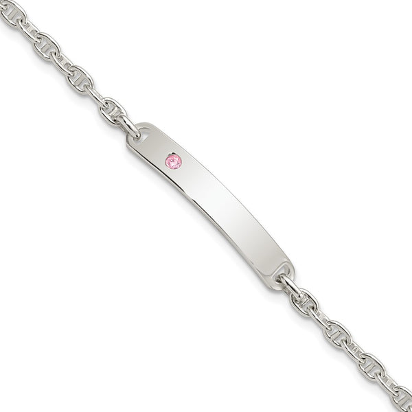 Polished Sterling Silver ID Bracelet with Pink CZ Accents