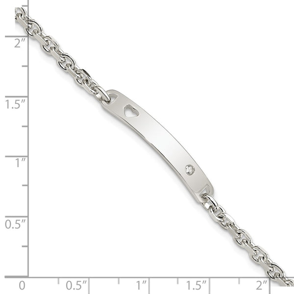 Polished Sterling Silver Heart ID Bracelet with CZ Accents