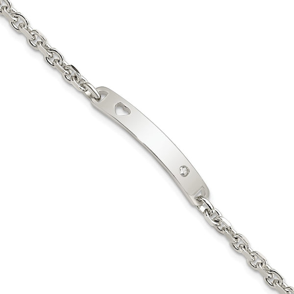 Polished Sterling Silver Heart ID Bracelet with CZ Accents