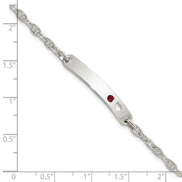 Polished Sterling Silver ID Bracelet with Red CZ Heart Accent