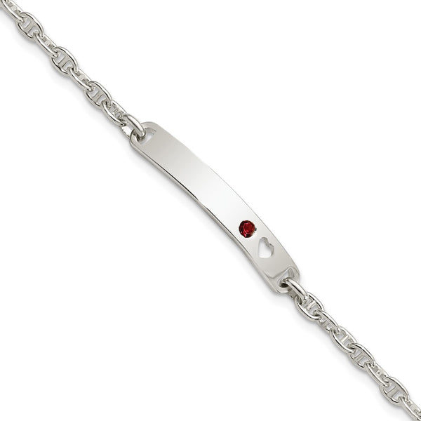 Polished Sterling Silver ID Bracelet with Red CZ Heart Accent