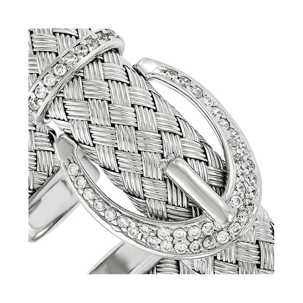 Woven Flexible Cuff Bangle in Sterling Silver with CZ Accents