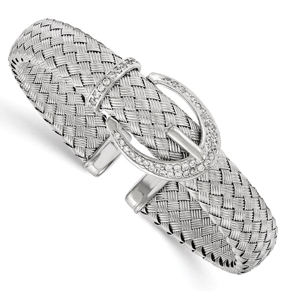 Woven Flexible Cuff Bangle in Sterling Silver with CZ Accents
