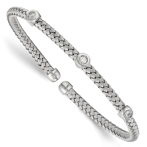 Rhodium-Plated Sterling Silver CZ Woven Cuff Bracelet - 7.5