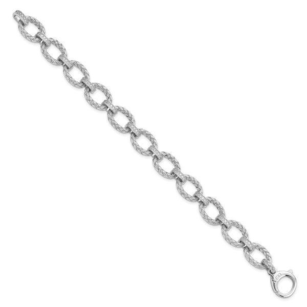 Rhodium-Plated Sterling Silver Woven Link Bracelet, CZ