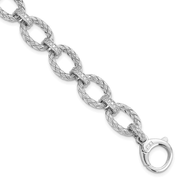 Rhodium-Plated Sterling Silver Woven Link Bracelet, CZ