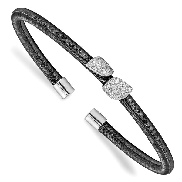 Rhodium & Ruthenium-Plated Sterling Silver CZ Leaf Cuff Bangle