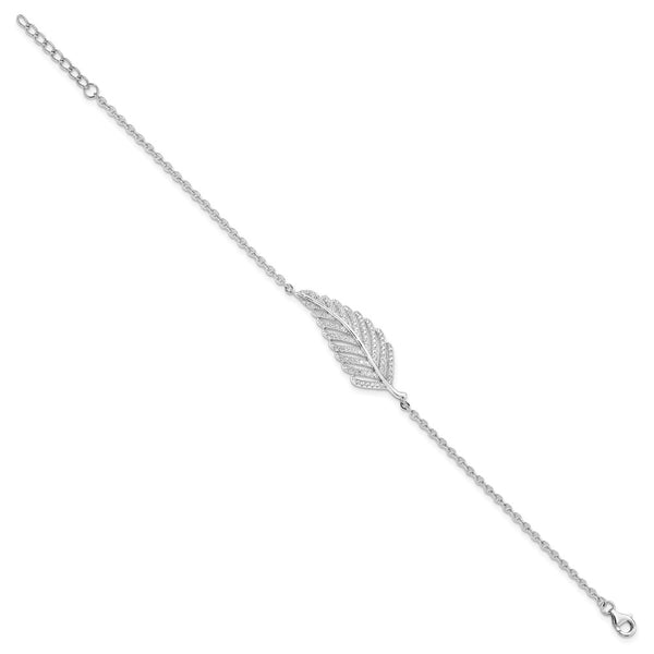 Rhodium-Plated Sterling Silver Feather Bracelet - 7" Long, CZ