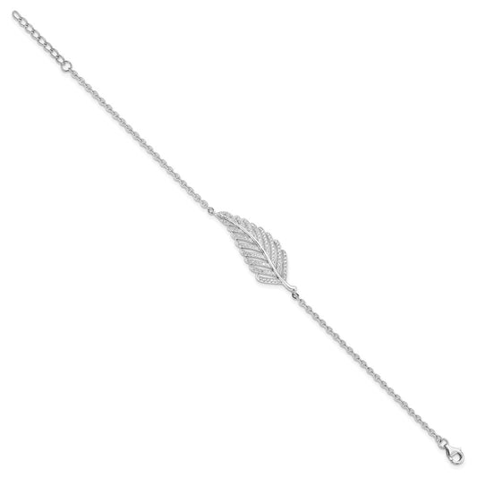 Exclusive Rhodium-Plated Sterling Silver Feather Bracelet - 7" Long, Stylish CZ