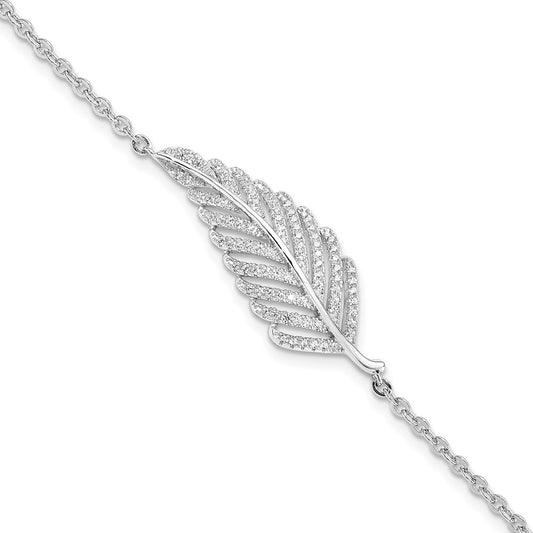 Exclusive Rhodium-Plated Sterling Silver Feather Bracelet - 7" Long, Stylish CZ