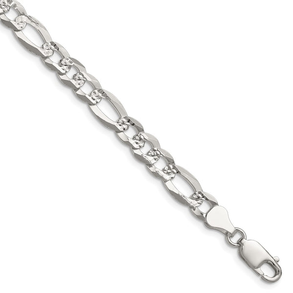 7.0mm Sterling Silver Flat Diamond-Cut Pave Figaro Chain
