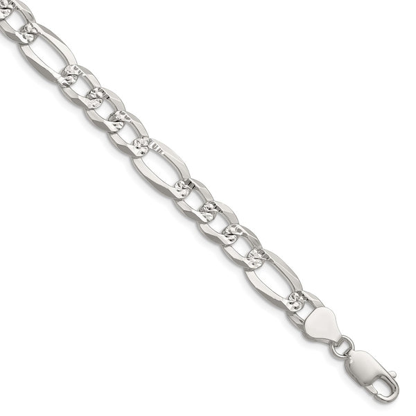 8.0mm Sterling Silver Flat Diamond-Cut Pave Figaro Chain