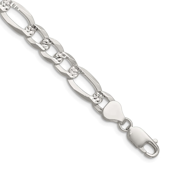 8.0mm Flat Diamond-Cut Pave Figaro Chain in Sterling Silver