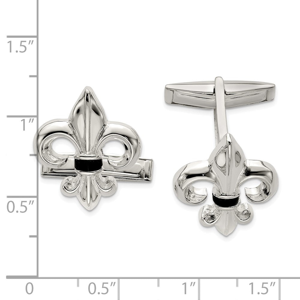 Designer Sterling Silver Fleur De Lis Cuff Links with Onyx Inlay - Stylish Value!