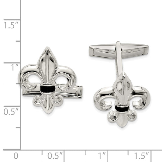 Designer Sterling Silver Fleur De Lis Cuff Links with Onyx Inlay - Stylish Value!
