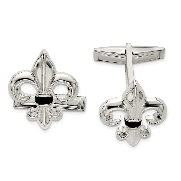 Sterling Silver Fleur De Lis Cuff Links with Onyx Inlay