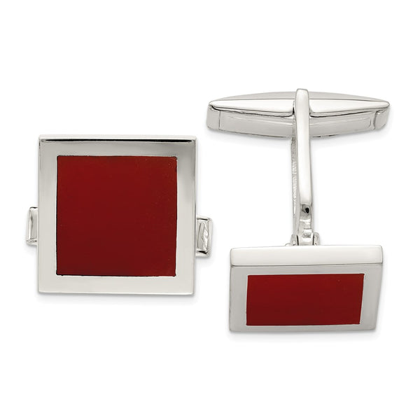 Sterling Silver Cuff Links with Red Agate Inlay