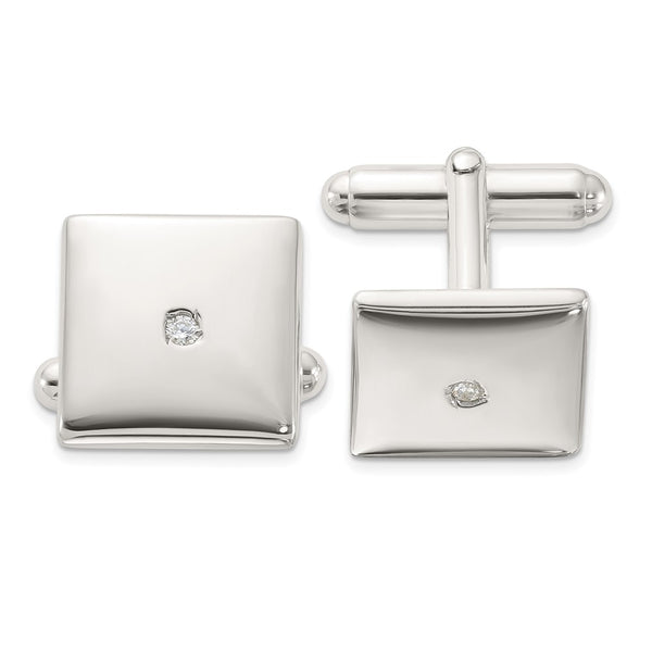 Polished Sterling Silver Square Cuff Links - CZ Accents