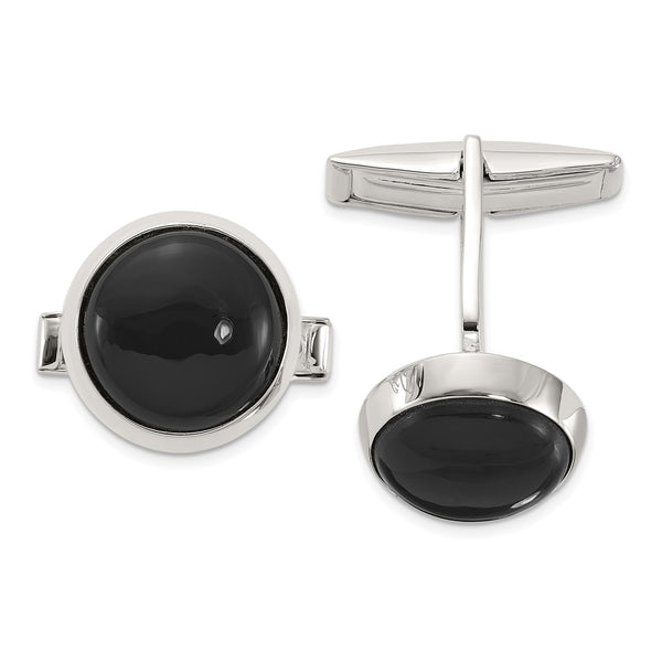 Polished Round Onyx Cuff Links in Sterling Silver
