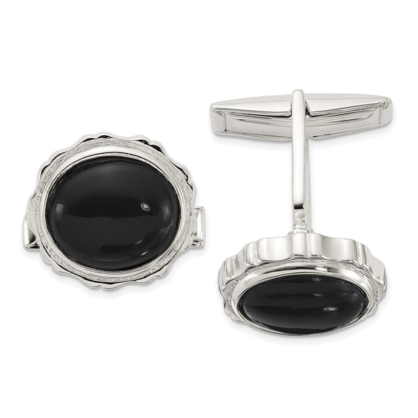 Polished Sterling Silver Cuff Links with Onyx Accents - 10mm