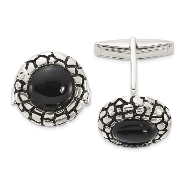 Polished Round Onyx Cuff Links - Sterling Silver Accents