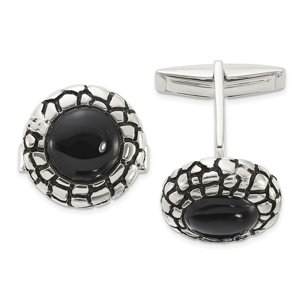 Designer Polished Round Onyx Cuff Links | Stylish Sterling Silver Accents