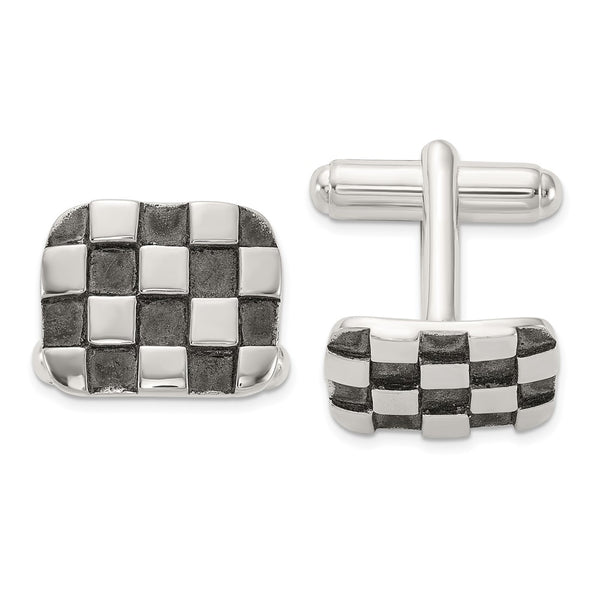 Oxidized Brushed & Polished Sterling Silver Checkerboard Cuff Links