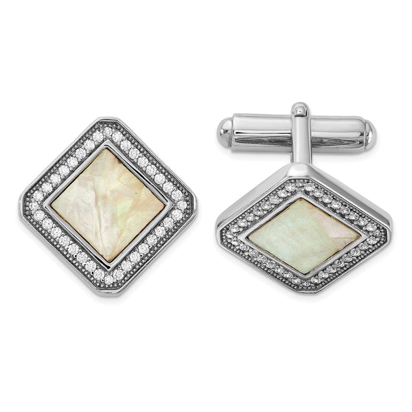 Rhodium-Plated Sterling Silver Cuff Links with CZ & Mother of Pearl