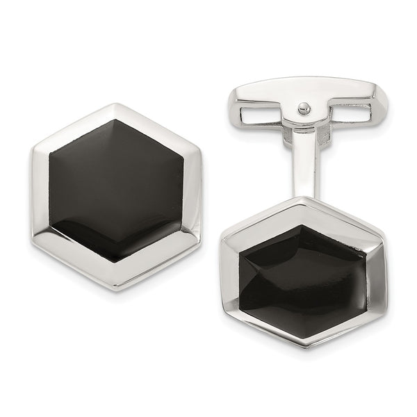 Polished Onyx Hexagon Cuff Links in Sterling Silver