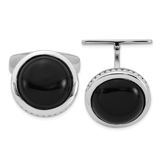 Buy Stylish Polished Round Black Onyx Cuff Links in Rhodium-Plated Silver