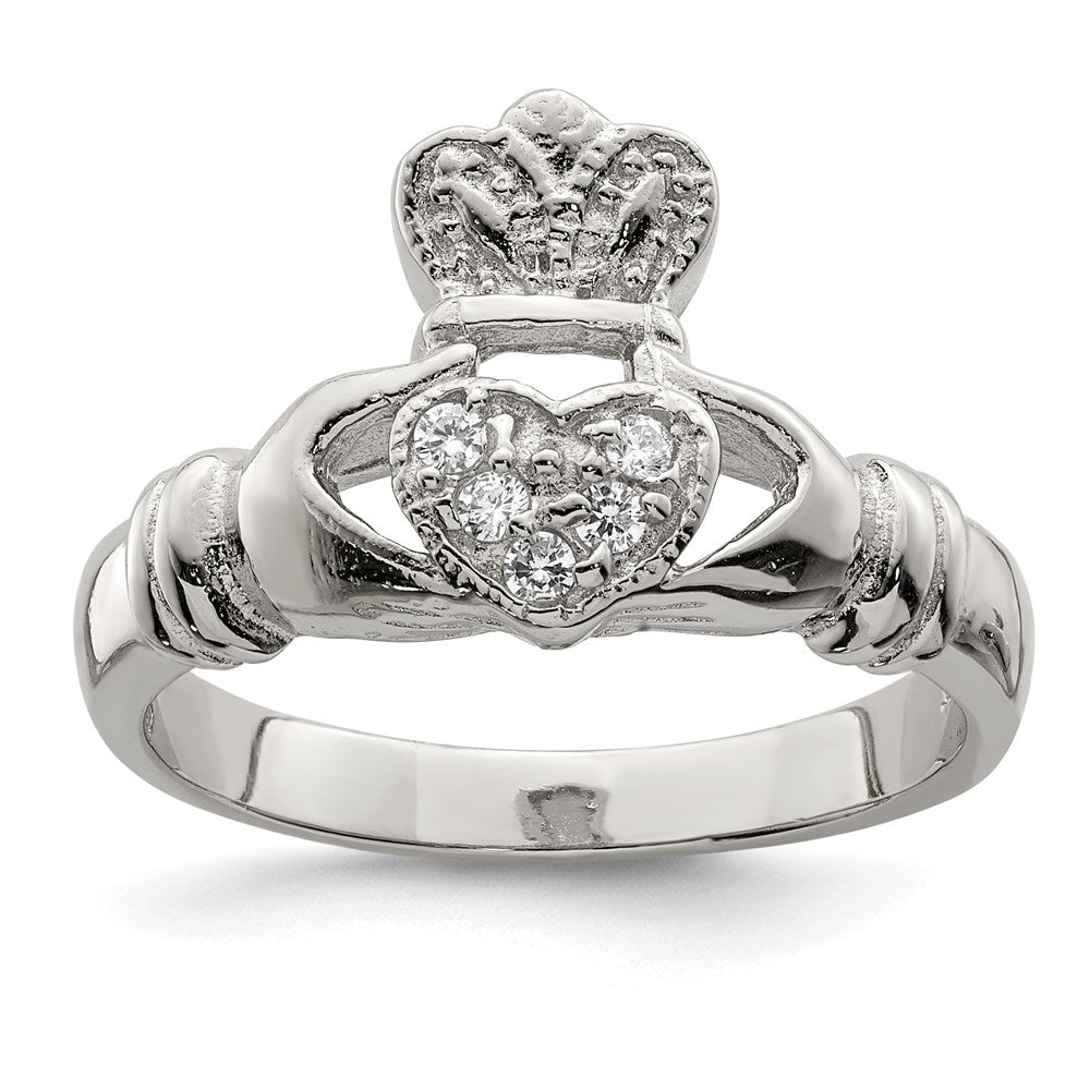 Exclusive Rhodium-Plated Sterling Silver Claddagh Ring with CZ - Stylish Value