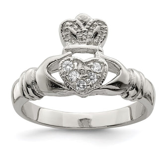 Exclusive Rhodium-Plated Sterling Silver Claddagh Ring | Stylish CZ Design