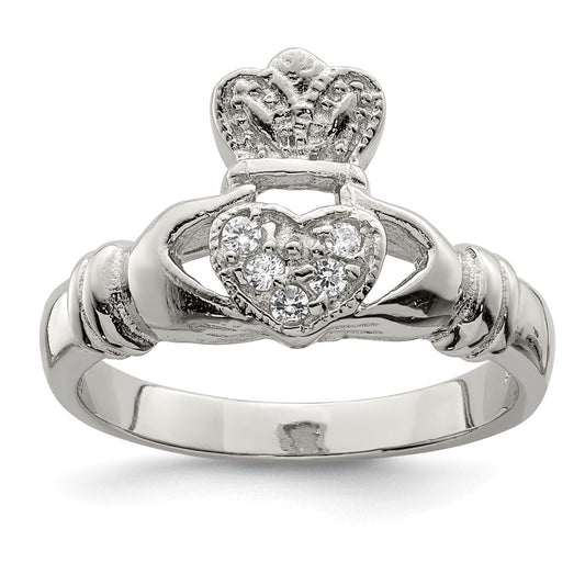 Exclusive Rhodium-Plated Sterling Silver Claddagh Ring | Stylish CZ Design