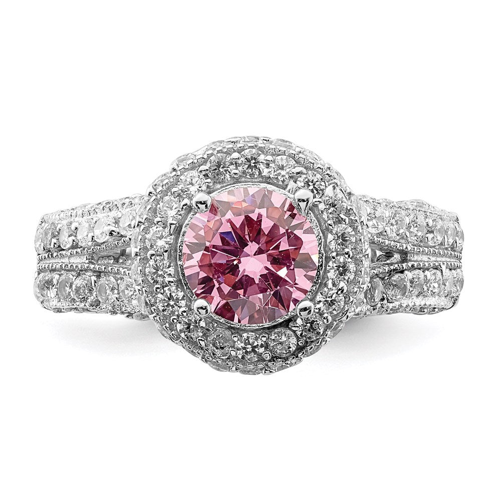 High-Quality Sterling Silver Rhodium-Plated Ring with 10mm CZ & Pink Heart Accents - Affordable Luxury