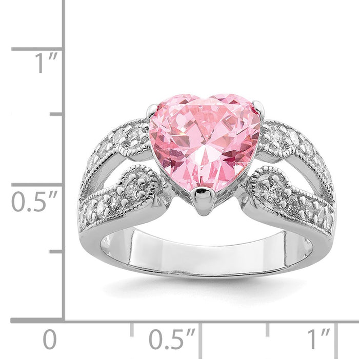 High-Quality Sterling Silver Rhodium-Plated Ring with 10mm CZ & Pink Heart Accents - Affordable Luxury-3