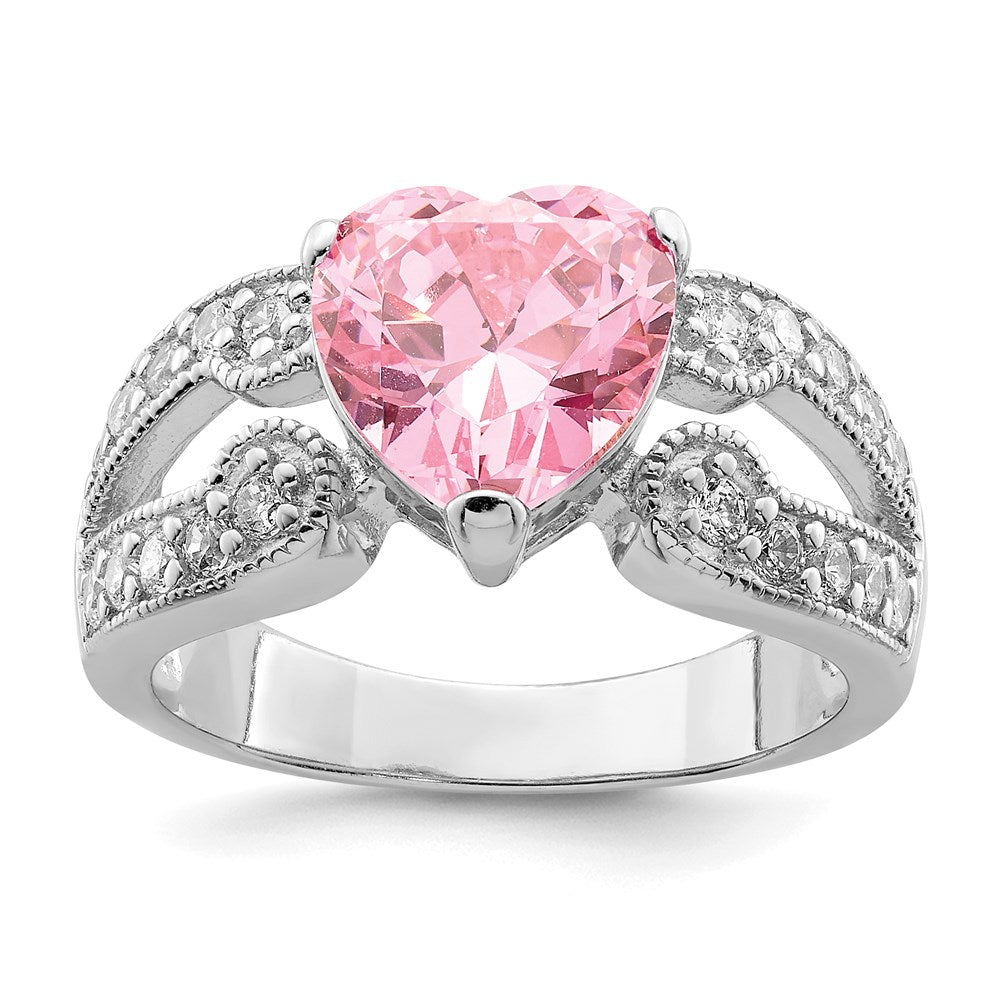 High-Quality Sterling Silver Rhodium-Plated Ring with 10mm CZ & Pink Heart Accents - Affordable Luxury