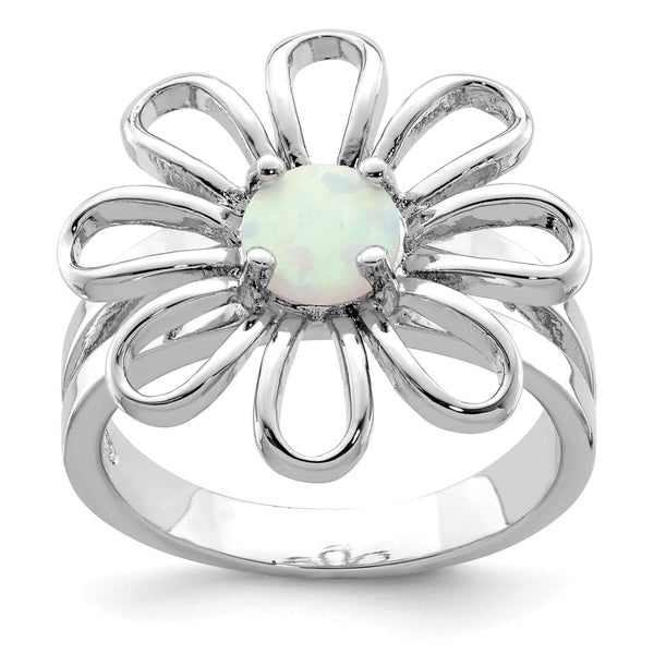 Rhodium-Plated Sterling Silver Lab-Created Opal Flower Ring