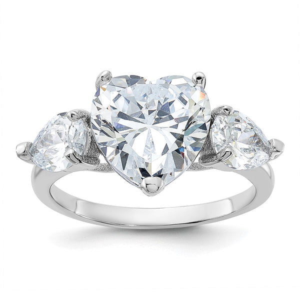 Rhodium-Plated Sterling Silver Heart-Shaped 3-Stone CZ Ring