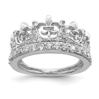 Shop Exclusive Rhodium-Plated Sterling Silver Fleur-de-lis Crown Ring - Stylish CZ Accents